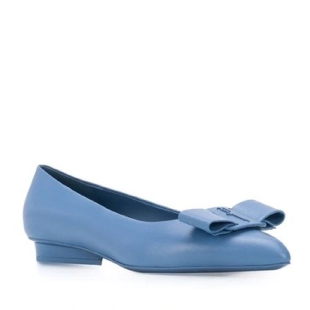 Salvatore Ferragamo Viva Bow Embellished Leather Point Toe Flats in Blue